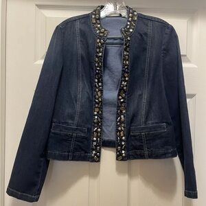 Chico's Platinum Embellished Open Front Denim Jacket Size 1 (M)